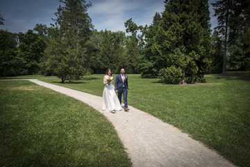 Fototapeta premium Newlyweds for a walk in the park
