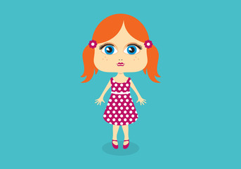 Little girl in a spotted dress vector. Sweet little girl vector illustration. Redhead in red dress vector