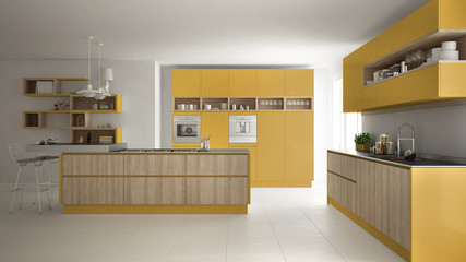 Modern white kitchen with wooden and yellow details, minimalistic interior design