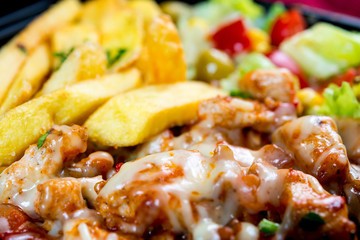 Fresh chicken steak with tomatoes and french fries