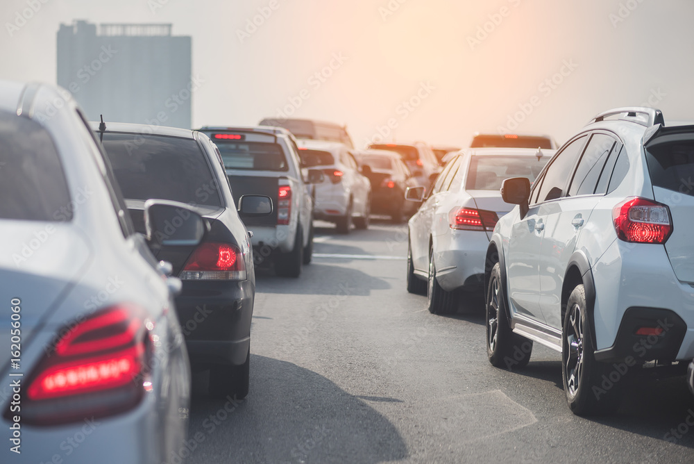 Wall mural traffic jam on toll way with row of cars