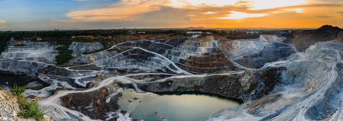 panorama of the quarry mining with beautiful sunlight and cloudy sky Aerial view industrial - obrazy, fototapety, plakaty