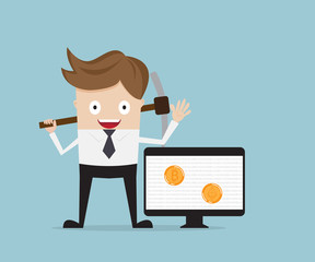 businessman mining for bitcoin, Cryptocurrency concept