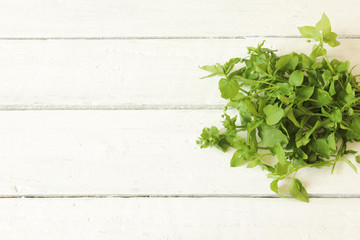 Vogelmiere Wildkräuter Salat Gewürz Tisch Holzbrett Overhead Blüten Essbare Wildkräuter