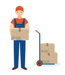 Delivery man  with cardboard box and push cart. Isolated on white background. Flat style, vector illustration. 
