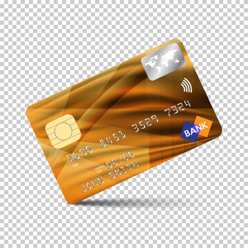 Realistic detailed credit card. Front side. Vector illustration of a bank card on a transparent background. 