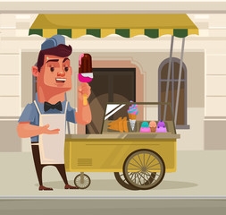Happy smiling ice cream seller character mascot standing near ice cream car. Vector flat cartoon illustration
