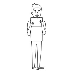 young man using tablet avatar character vector illustration design