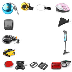 Bicycle parts and accessories on white background