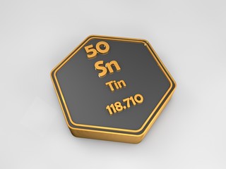 tin - Sn - chemical element periodic table hexagonal shape 3d render