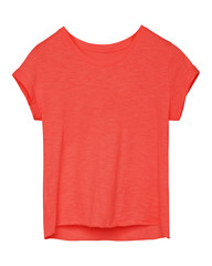 Red empty women tee shirt with torn edges isolated