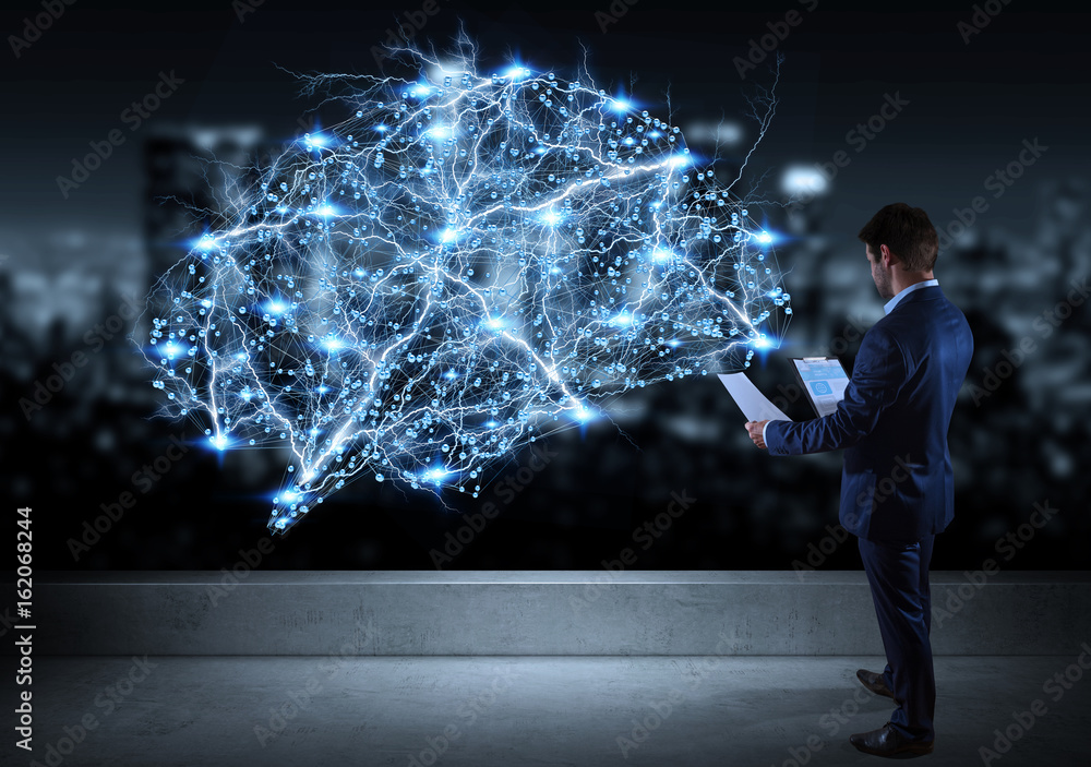 Poster businessman watching digital brain interface on a rooftop 3d rendering