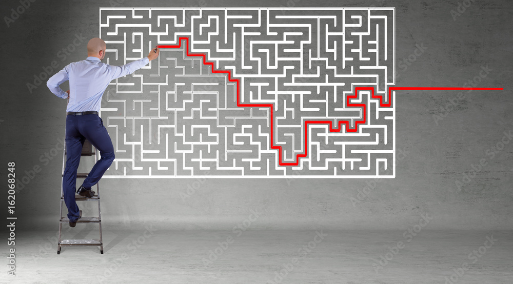 Poster Businessman searching maze solution on a wall 3D rendering