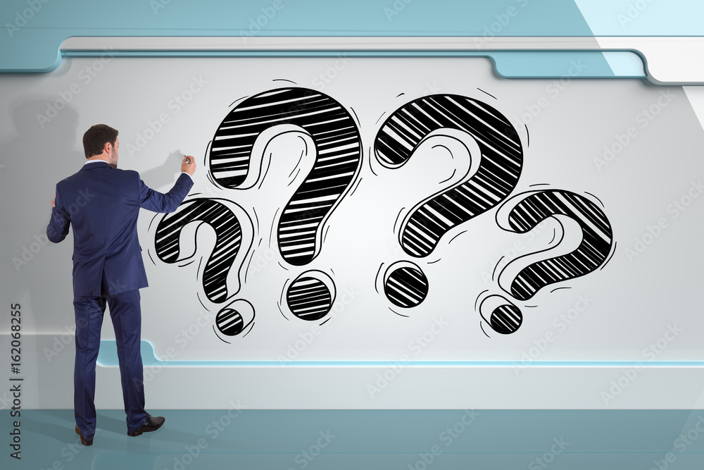 Poster businessman drawing a question mark sketch on a board 3d rendering