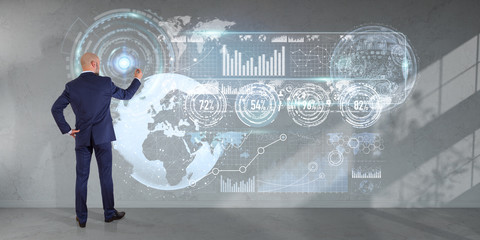 Businessman using graph screens interface on a wall 3D rendering