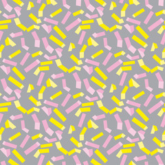 Yellow and rosy rectangle geometry seamless pattern vector illustration surface design for print and web. Memphis post-modernist style motif. Modern tech textile print.