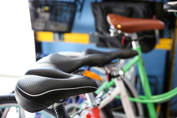 Fototapeta na wymiar Bicycles with leather saddles, closeup