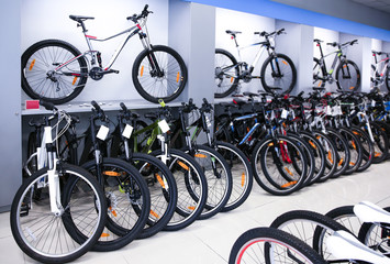 Modern bicycles in sport shop