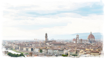 Fototapeta na wymiar Watercolor painting style of Aerial view of Florence. With Florence Duomo Cathedral. Basilica di Santa Maria del Fiore or Basilica of Saint Mary of the Flower in sunset.