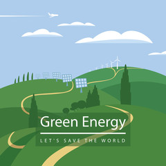Fototapeta premium Vector banner green energy. Landscape with wind turbines and solar panels on the green hills, airplane and clouds in the sky