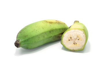 Green bananas on white background.