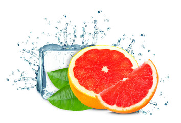 Grapefruit splash water and ice cubes isolated