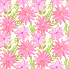Seamless pattern with watercolor pink flowers and green leaves on white background