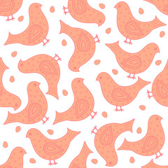 Pink ornate birds with eggs in the background