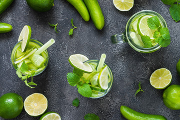 Refreshing drink with cucumber, lime, mint. Top view