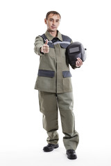 Laik from the welder with protective workwear over white background