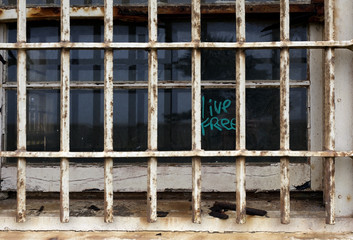Abandoned prison bars with a message. "LIVE FREE."