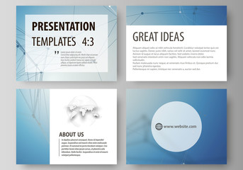 Set of business templates for presentation slides. Easy editable abstract vector layouts in flat design. Geometric blue color background, molecule structure, science concept. Connected lines and dots.