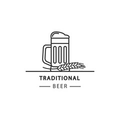 A beer mug with foam and wheat. Vector linear icons.