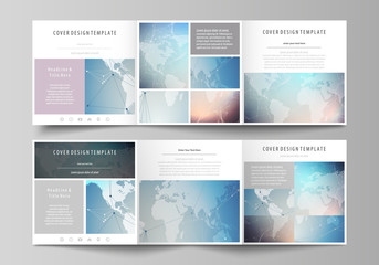 The abstract minimalistic vector illustration of the editable layout. Two creative covers design templates for square brochure. Polygonal geometric linear texture. Global network, dig data concept.