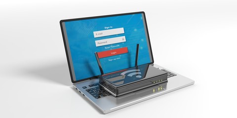 Wifi router on a laptop - white background. 3d illustration