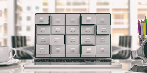 Laptop data storage. Filing cabinet on a laptop screen. 3d illustration - obrazy, fototapety, plakaty