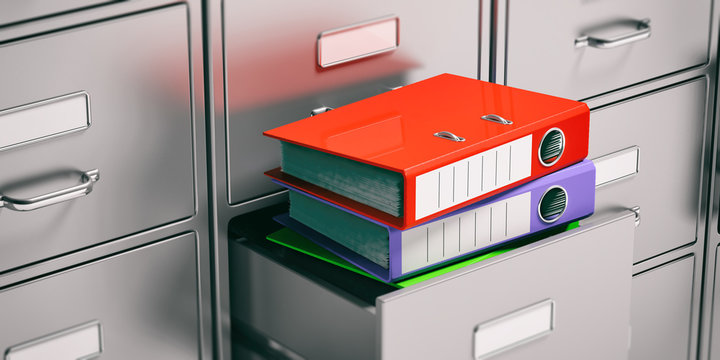 Binders in filing cabinets drawers. 3d illustration