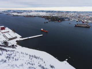 Beautiful aerial air winter vibrant view of Murmansk, Russia, a port city and the administrative...