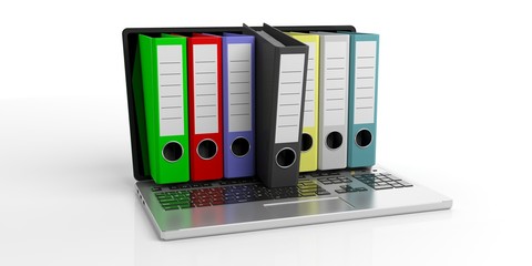 Office folders out of a laptop on white background. 3d illustration