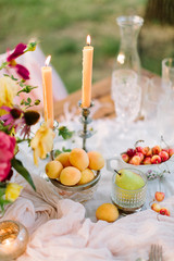 picnic, dating, wedding, valentines day, weekends concept - romantic table setting for newlyweds with flowers, burning candles, crystal glasses and such treat like apricots, pears and cherries