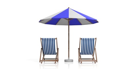 Beach chairs and umbrella on white background. 3d illustration