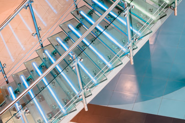 Metal glass staircase with neon, led backlight.
