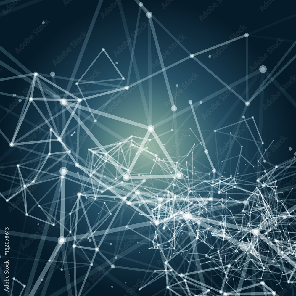 Poster abstract polygonal space blue background with white low poly connecting dots and lines - connection 