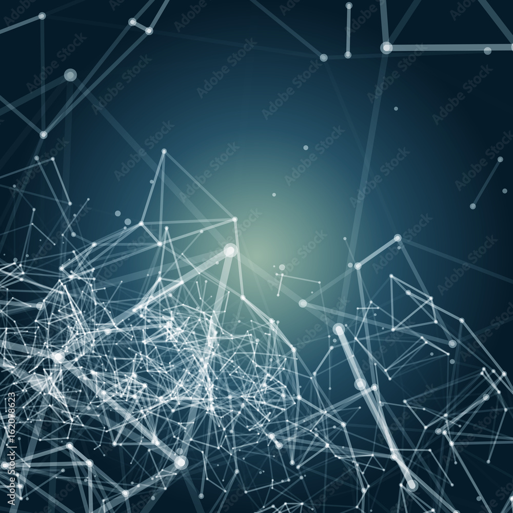 Poster abstract polygonal space blue background with white low poly connecting dots and lines - connection 