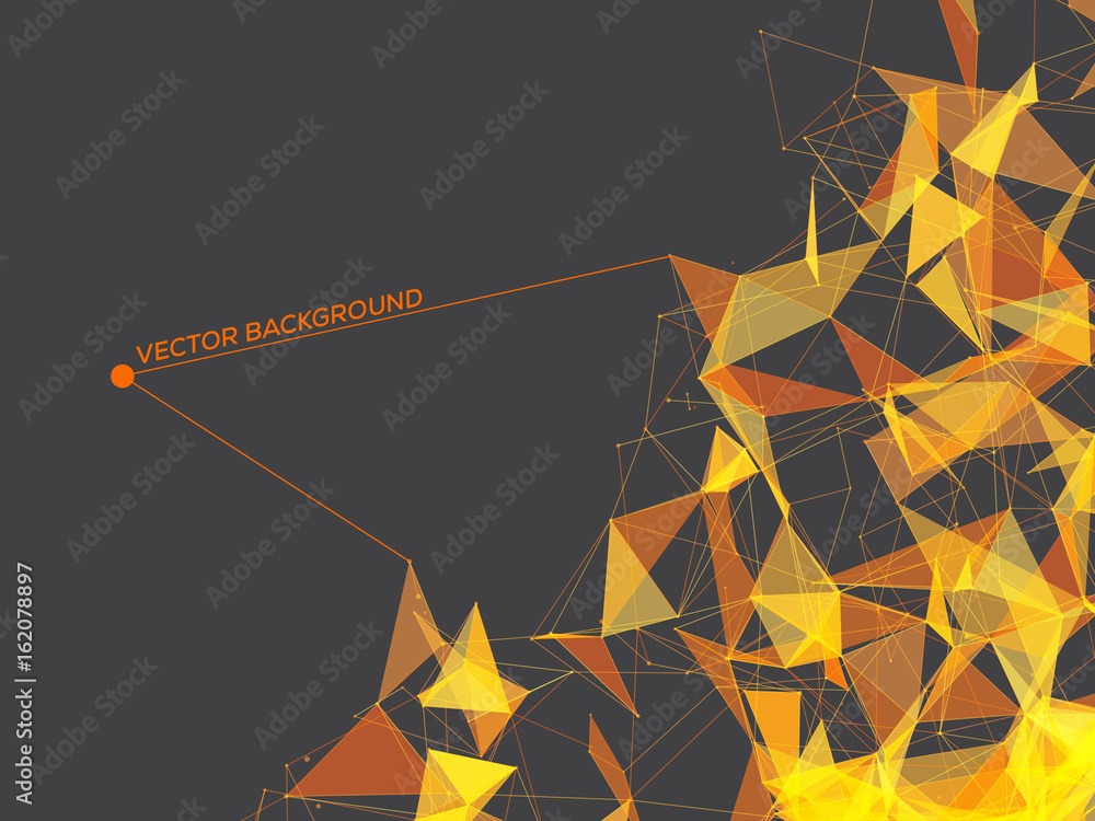 Poster abstract polygonal space - grey background with orange yellow low poly connecting dots and lines - c