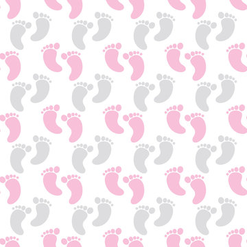 Vector Seamless Pattern with Baby Girl Footprints. Seamless Pattern for Baby Girl Shower.