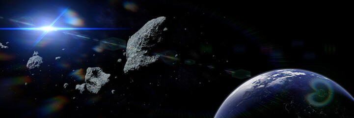 a swarm of gigantic asteroids moving towards planet Earth © dottedyeti