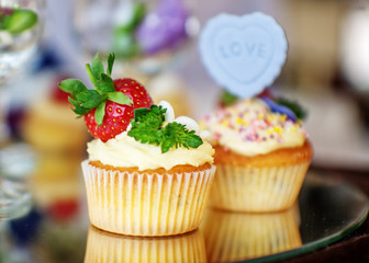 Delicious casserole with strawberries. The inscription is love. The concept of food, party and wedding.