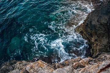 Rocky coast of the Adriatic Sea in Montenegro at sunset, Top view
