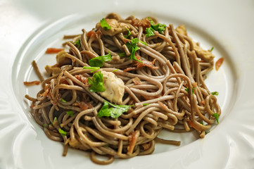 soba noodles with roasted chicken, carrot in soy sauce served with parsley